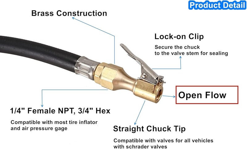 LDCRE Heavy Duty Brass Air Chuck, Open Flow Straight Tire Chuck with Lock-on Clip, 1/4" FNPT Tyre Chuck for Tire Inflator Pressure Gauge Air Pump Compressor Accessories (Brass, 2 Pack) - Image 3